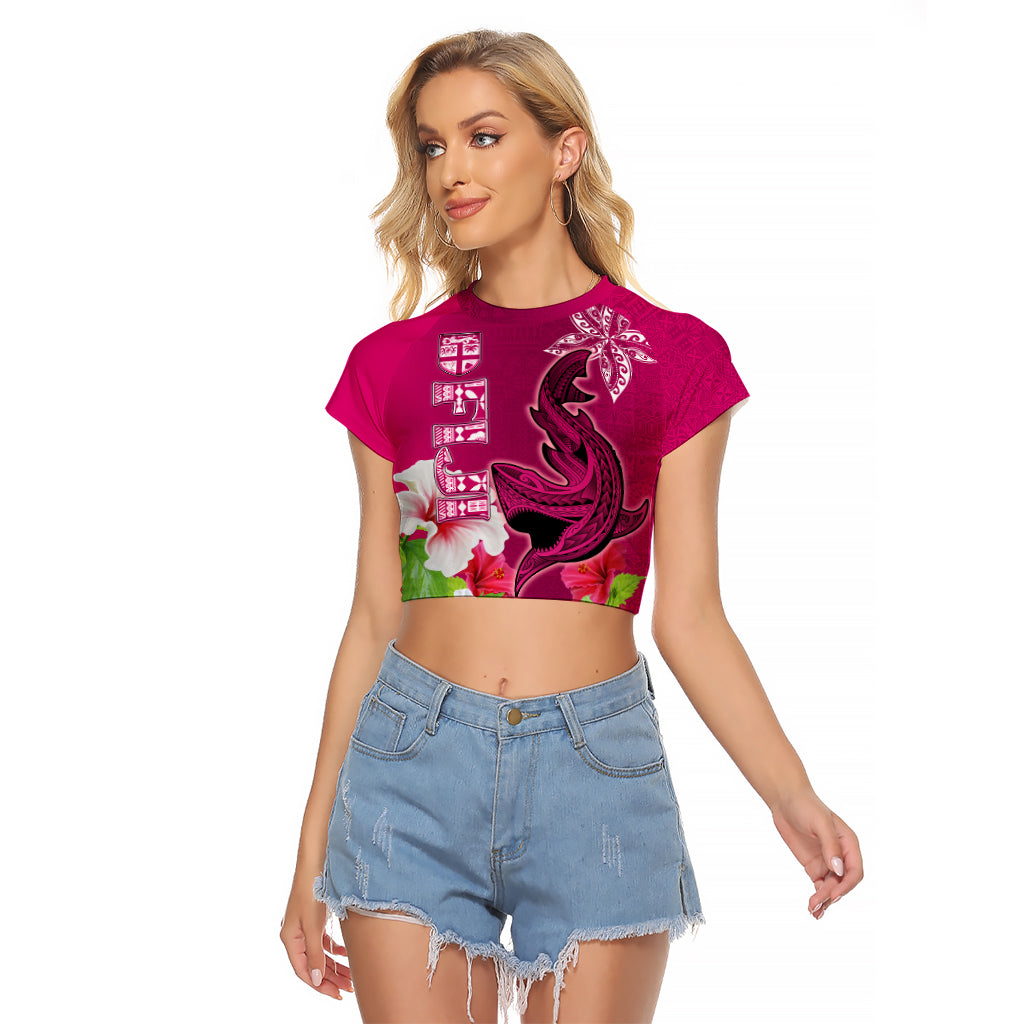 Polynesian Fiji Raglan Cropped T Shirt Shark and Hibiscus Tapa Pattern Purple Version LT03 Female Pink - Polynesian Pride