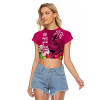 Polynesian Fiji Raglan Cropped T Shirt Shark and Hibiscus Tapa Pattern Purple Version LT03 Female Pink - Polynesian Pride