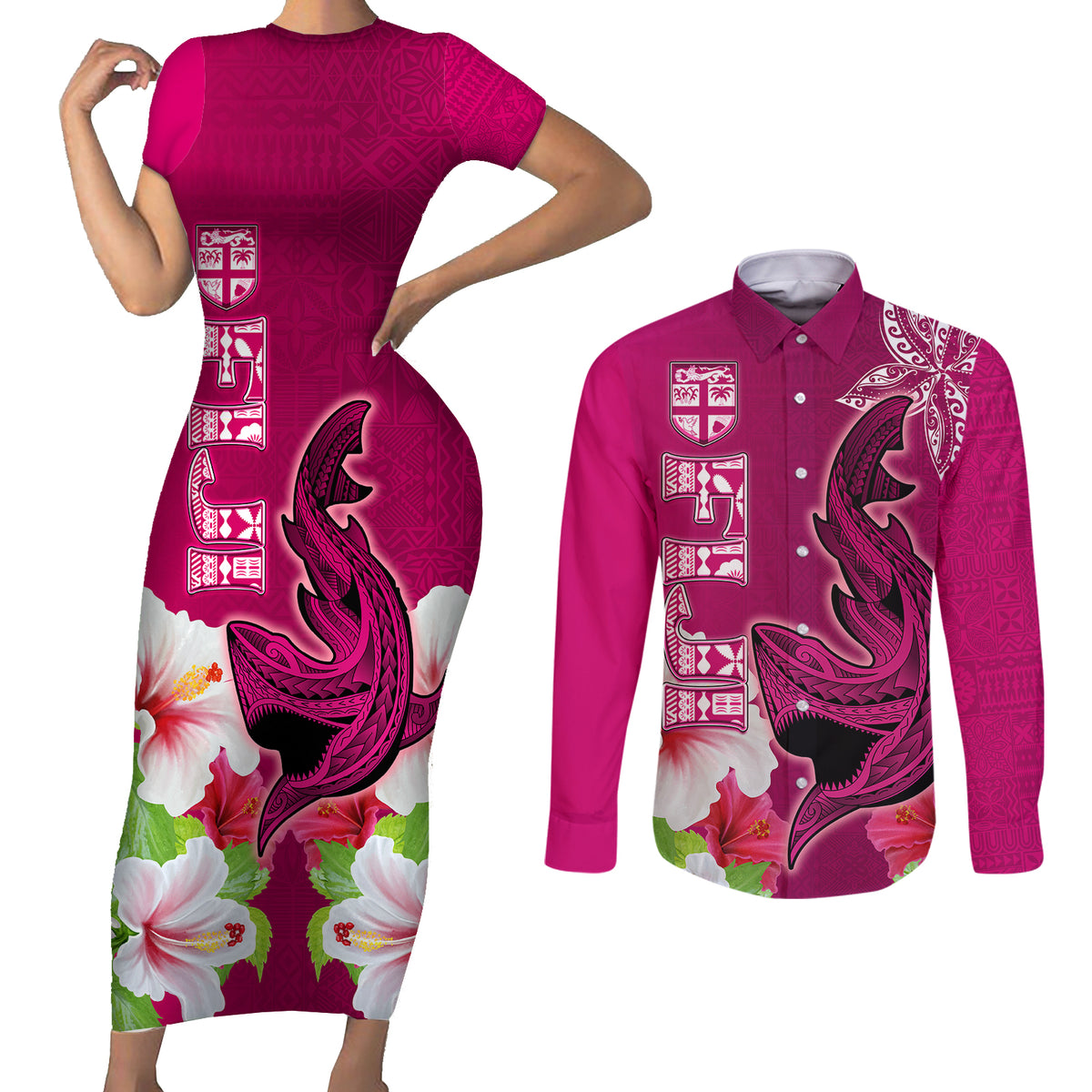 Custom Polynesian Fiji Couples Matching Short Sleeve Bodycon Dress and Long Sleeve Button Shirts Shark and Hibiscus Tapa Pattern Purple Version LT03 Pink - Polynesian Pride