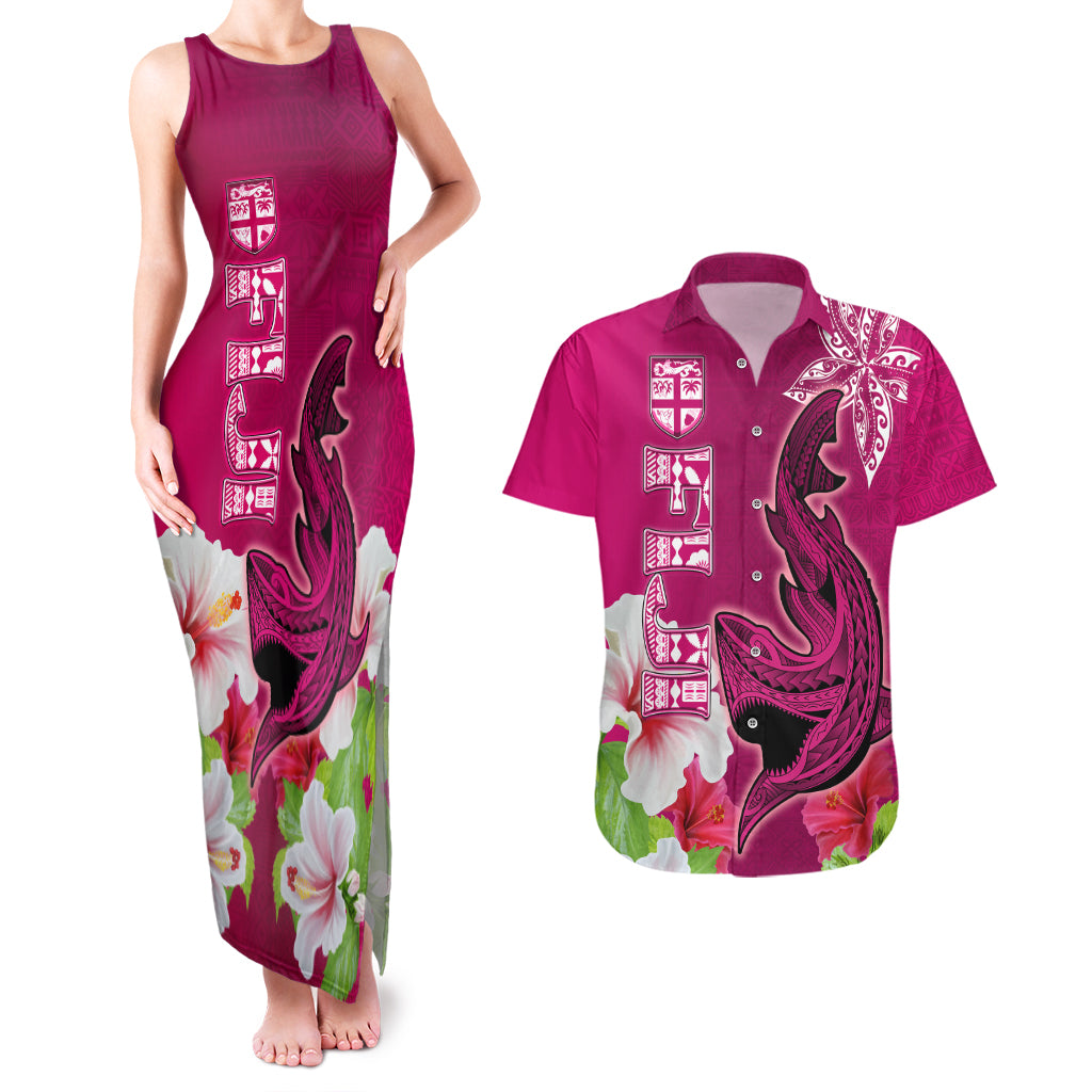 Custom Polynesian Fiji Couples Matching Tank Maxi Dress and Hawaiian Shirt Shark and Hibiscus Tapa Pattern Purple Version LT03 Pink - Polynesian Pride