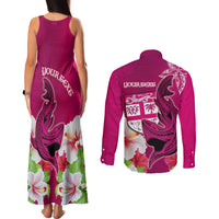 Custom Polynesian Fiji Couples Matching Tank Maxi Dress and Long Sleeve Button Shirts Shark and Hibiscus Tapa Pattern Purple Version LT03 - Polynesian Pride