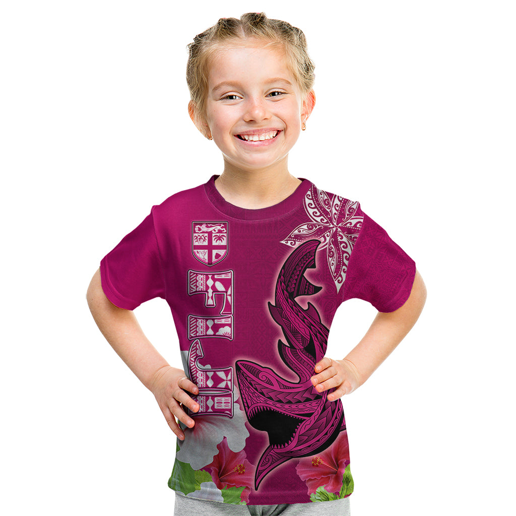 Custom Polynesian Fiji Kid T Shirt Shark and Hibiscus Tapa Pattern Purple Version LT03 Pink - Polynesian Pride