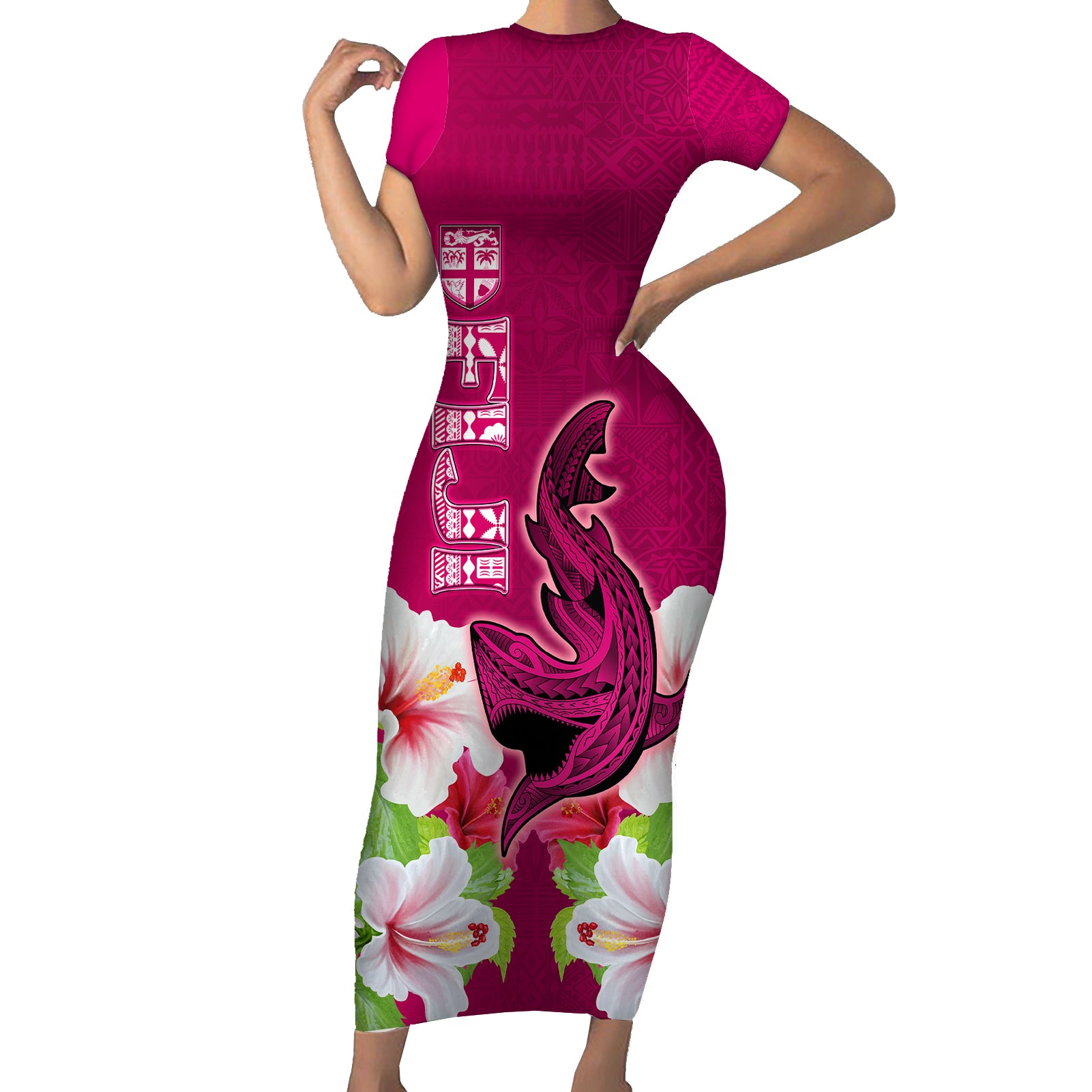 Custom Polynesian Fiji Short Sleeve Bodycon Dress Shark and Hibiscus Tapa Pattern Purple Version LT03 Long Dress Pink - Polynesian Pride