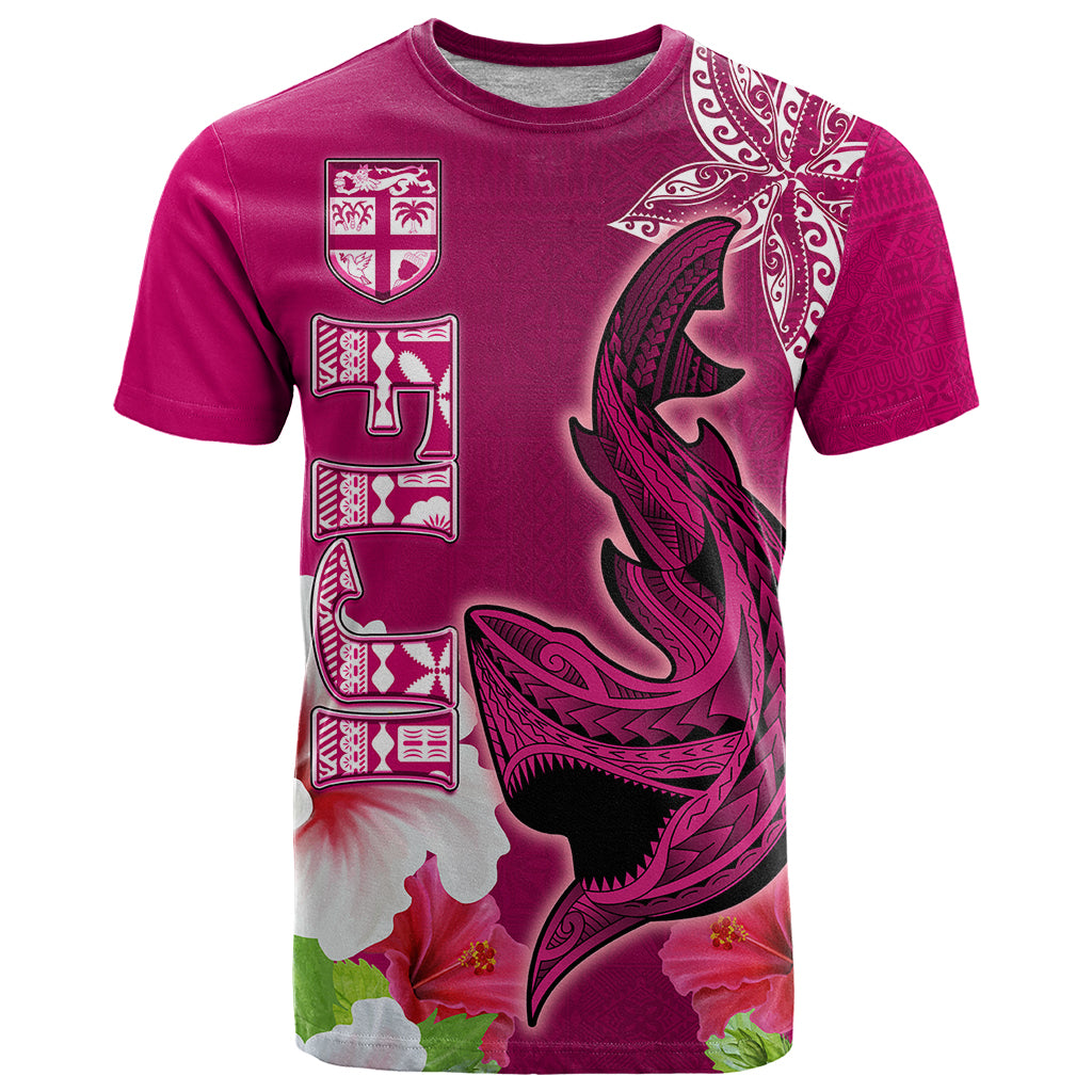 Custom Polynesian Fiji T Shirt Shark and Hibiscus Tapa Pattern Purple Version LT03 Pink - Polynesian Pride