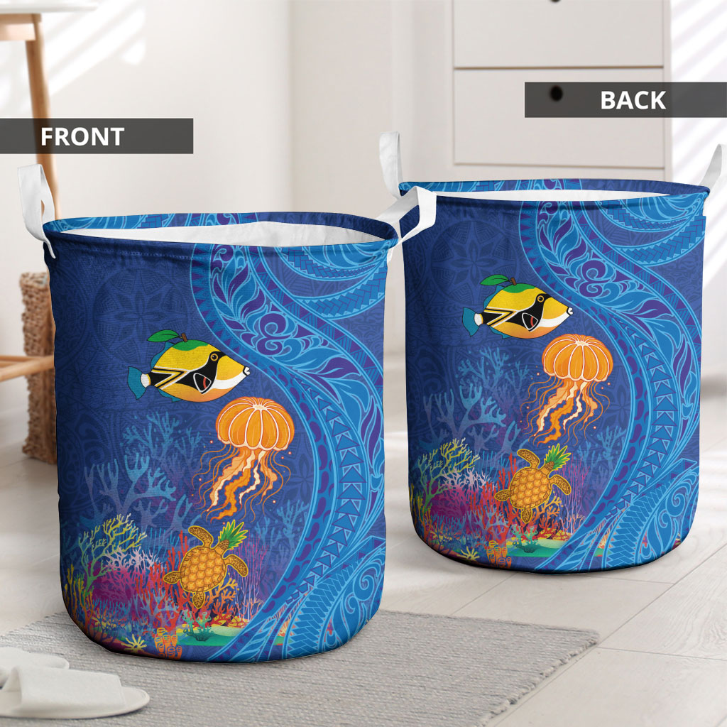 Hawaiian Funny Fruits Sea Animals Laundry Basket Mango Reef Triggerfish and Pineapple Turtle and Mandarin Jellyfish