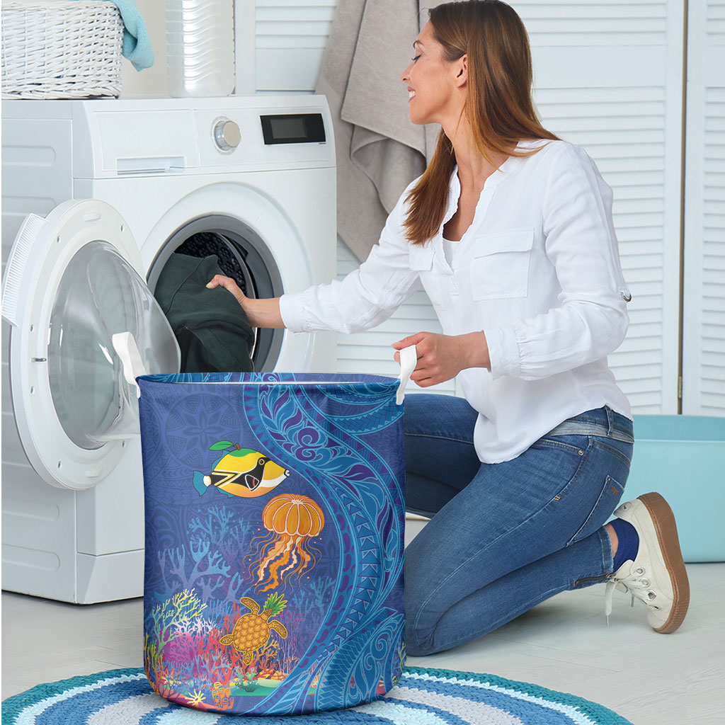 Hawaiian Funny Fruits Sea Animals Laundry Basket Mango Reef Triggerfish and Pineapple Turtle and Mandarin Jellyfish