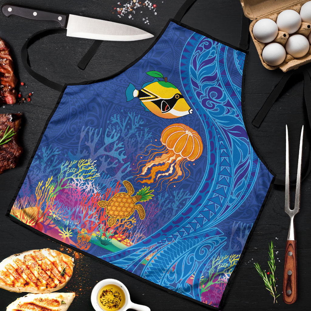 Hawaiian Funny Fruits Sea Animals Apron Mango Reef Triggerfish and Pineapple Turtle and Mandarin Jellyfish