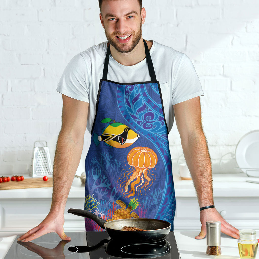 Hawaiian Funny Fruits Sea Animals Apron Mango Reef Triggerfish and Pineapple Turtle and Mandarin Jellyfish