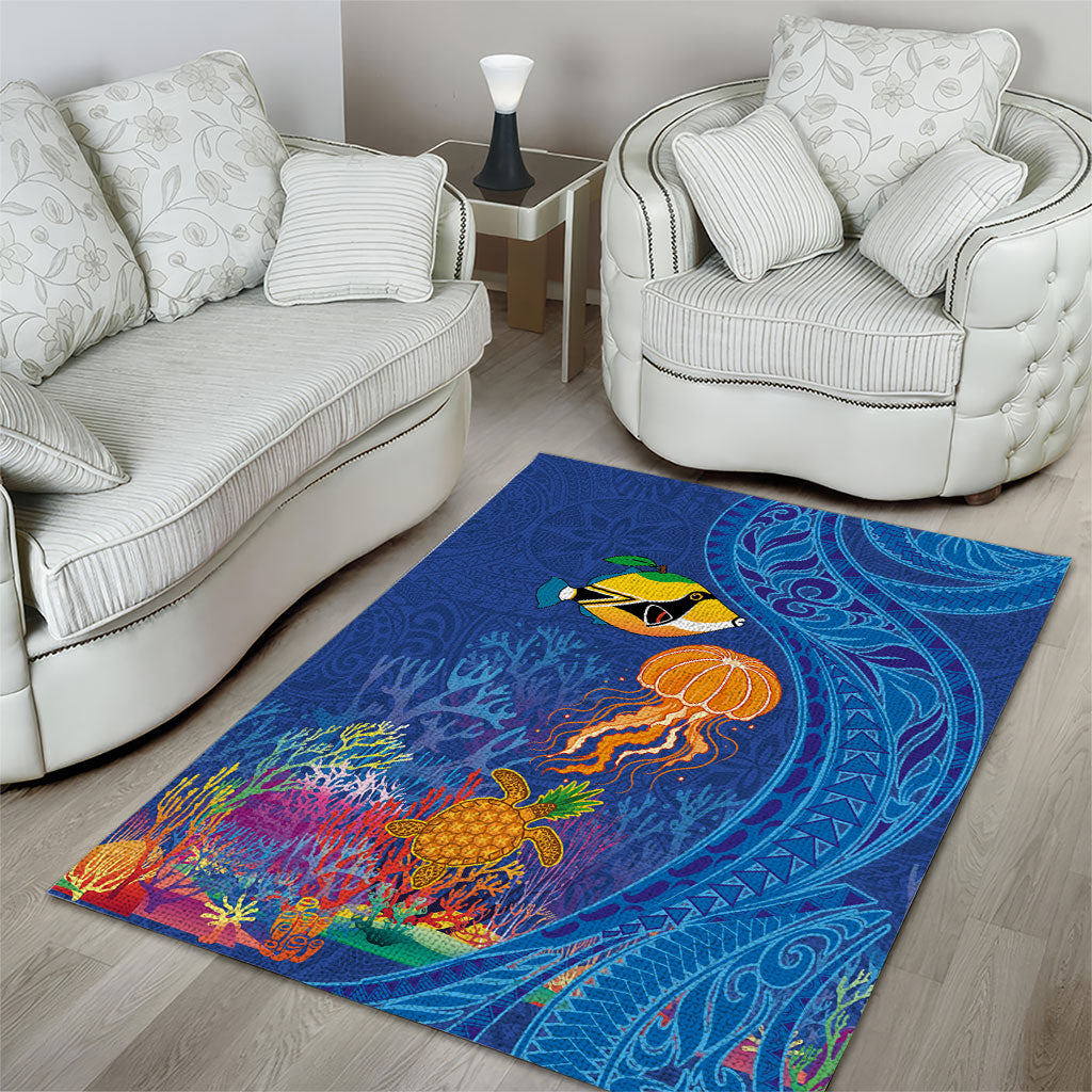 Hawaiian Funny Fruits Sea Animals Area Rug Mango Reef Triggerfish and Pineapple Turtle and Mandarin Jellyfish