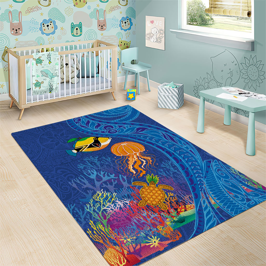Hawaiian Funny Fruits Sea Animals Area Rug Mango Reef Triggerfish and Pineapple Turtle and Mandarin Jellyfish