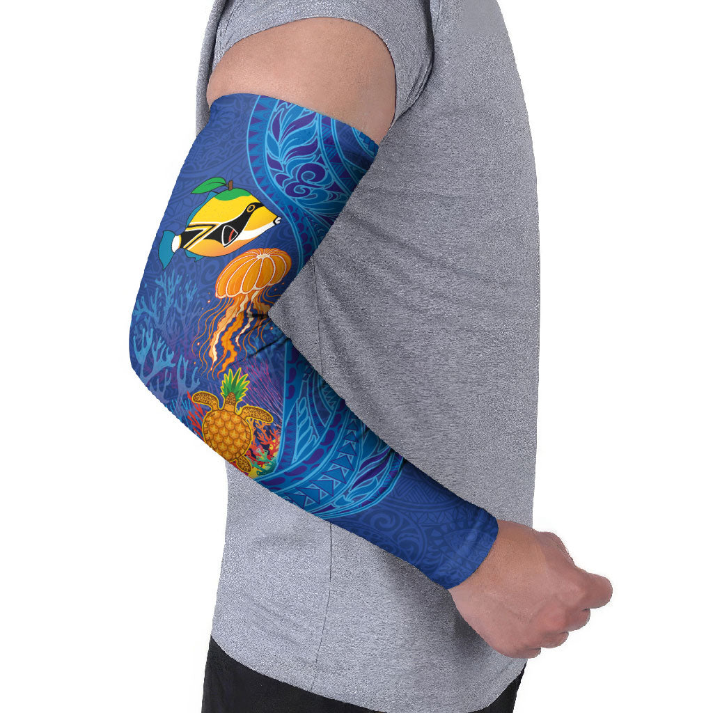 Hawaiian Funny Fruits Sea Animals Arm Sleeves Mango Reef Triggerfish and Pineapple Turtle and Mandarin Jellyfish