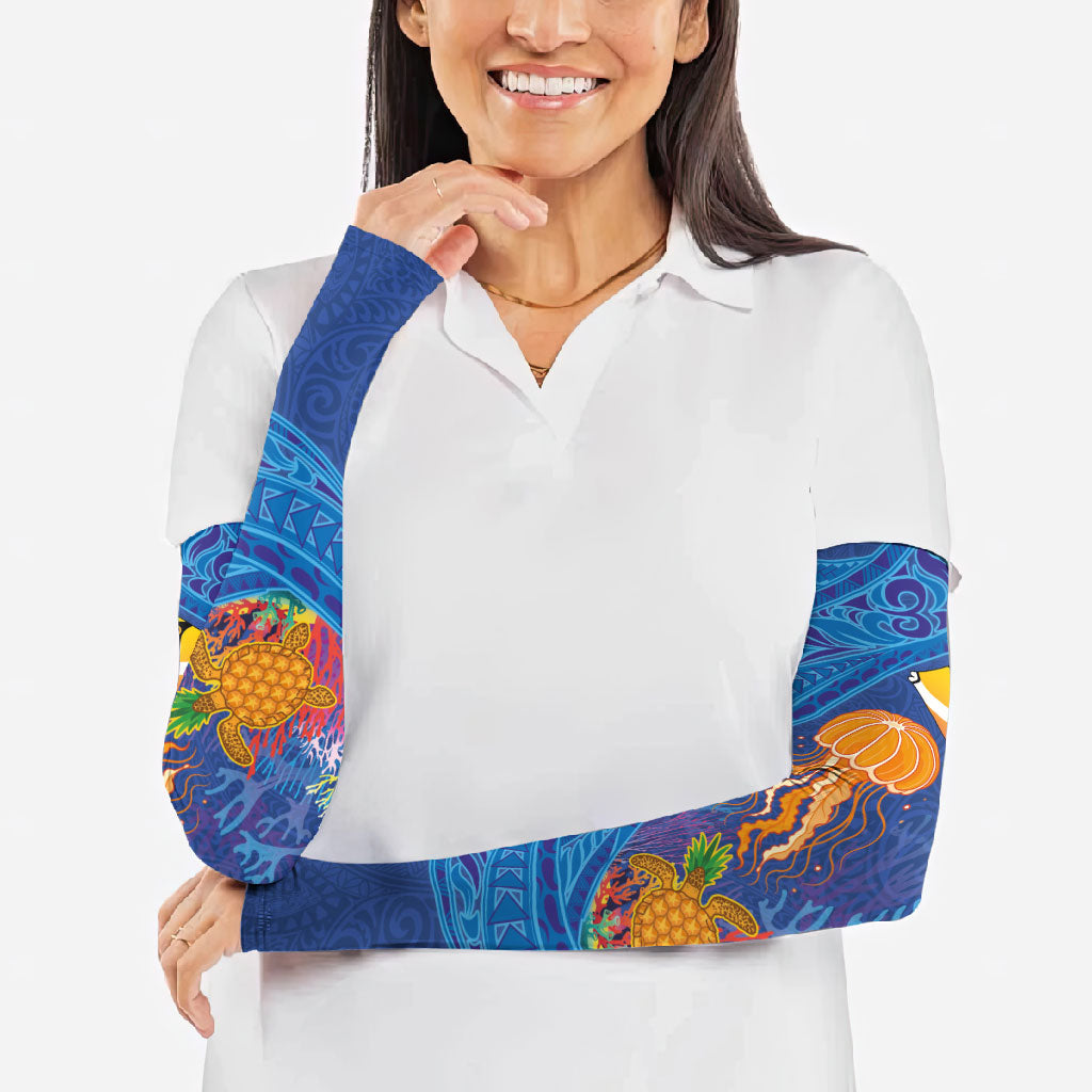 Hawaiian Funny Fruits Sea Animals Arm Sleeves Mango Reef Triggerfish and Pineapple Turtle and Mandarin Jellyfish