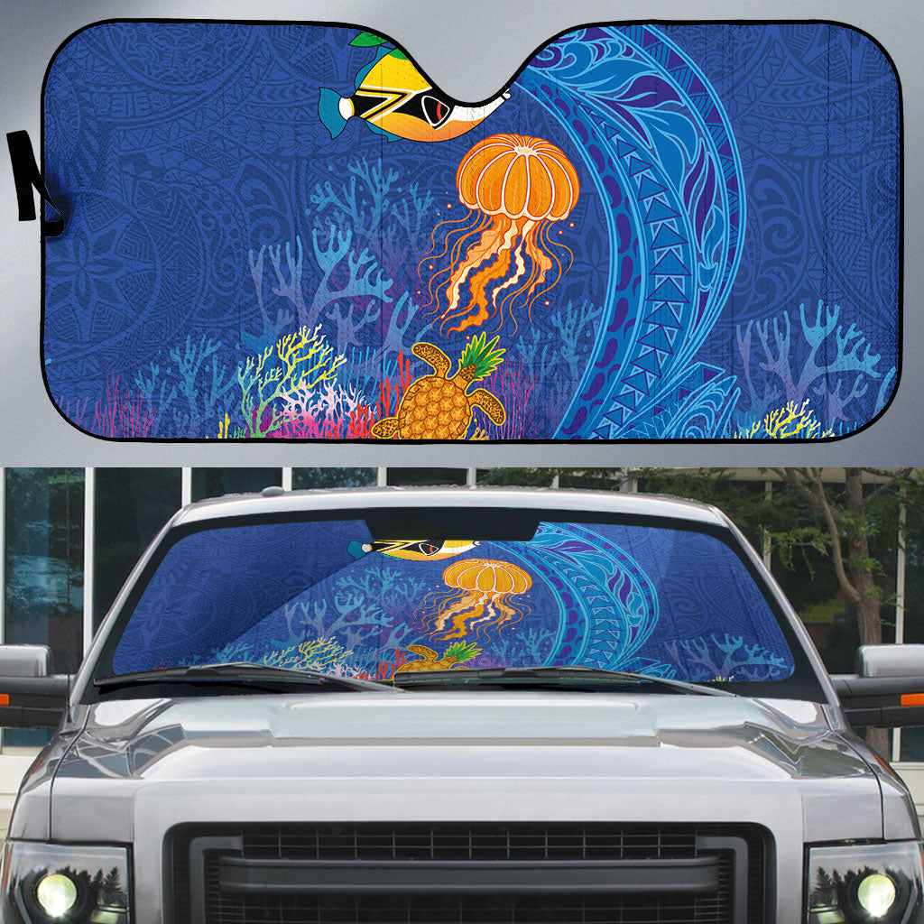 Hawaiian Funny Fruits Sea Animals Auto Sun Shade Mango Reef Triggerfish and Pineapple Turtle and Mandarin Jellyfish