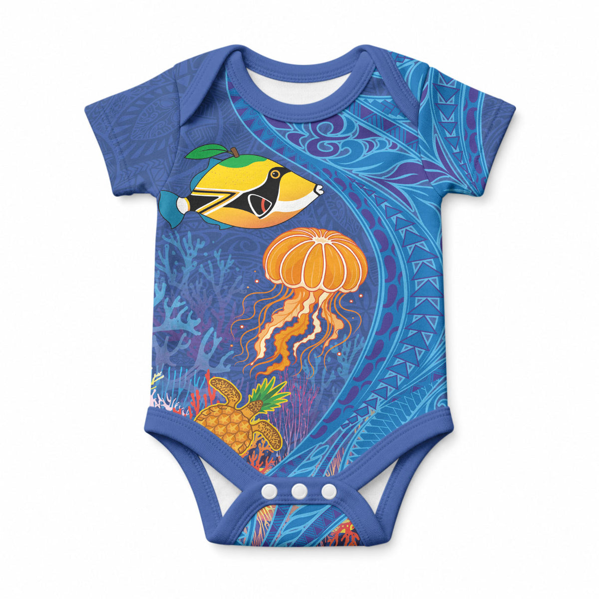 Hawaiian Funny Fruits Sea Animals Baby Onesie Mango Reef Triggerfish and Pineapple Turtle and Mandarin Jellyfish
