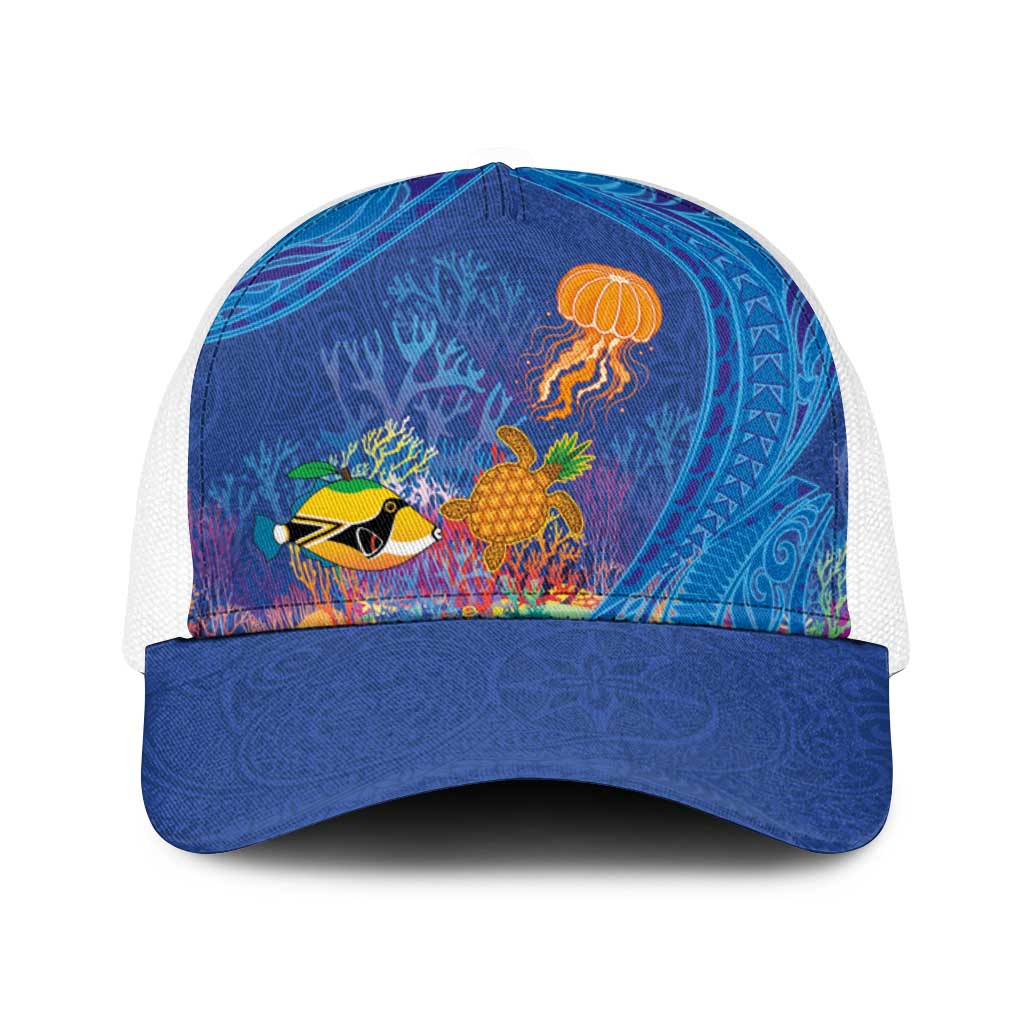 Hawaiian Funny Fruits Sea Animals Baseball Net Cap Mango Reef Triggerfish and Pineapple Turtle and Mandarin Jellyfish