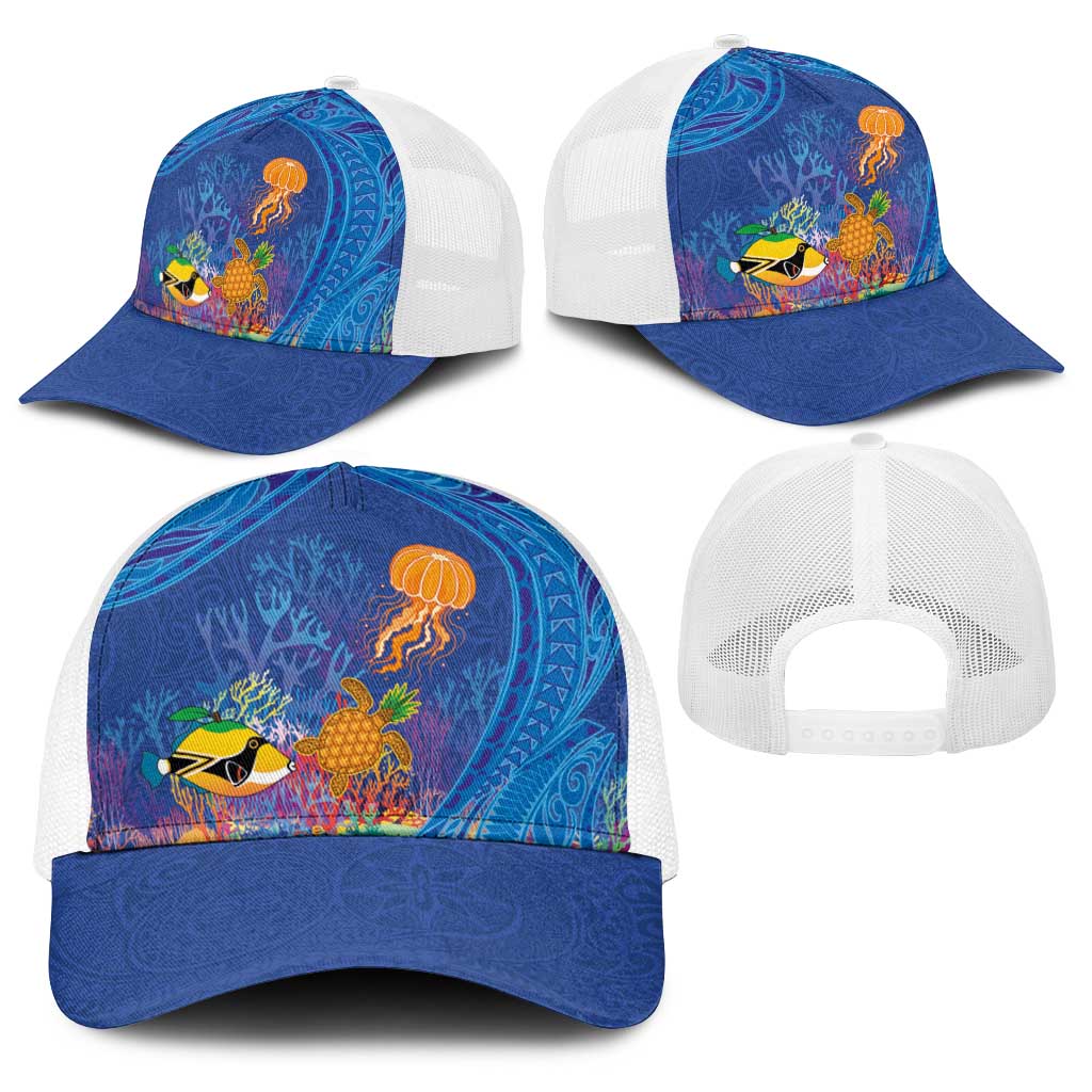 Hawaiian Funny Fruits Sea Animals Baseball Net Cap Mango Reef Triggerfish and Pineapple Turtle and Mandarin Jellyfish