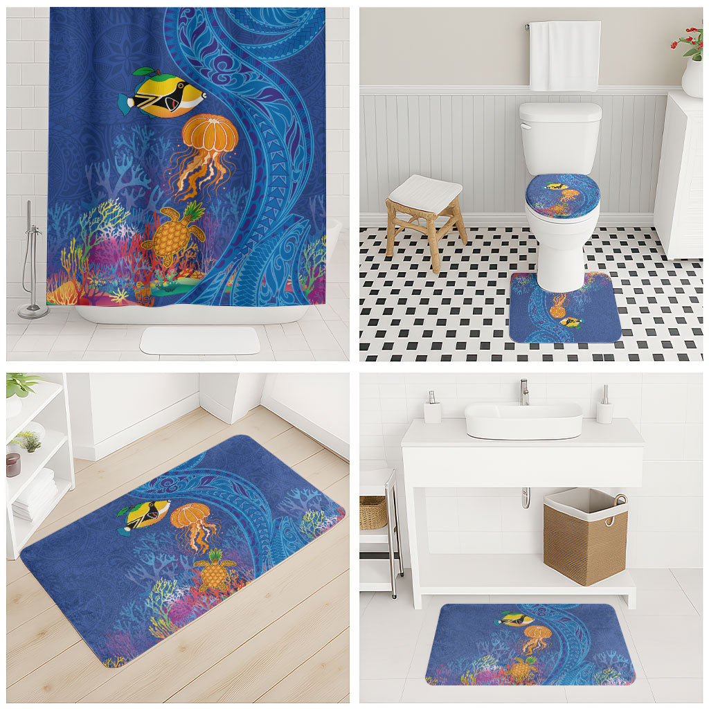 Hawaiian Funny Fruits Sea Animals Bathroom Set Mango Reef Triggerfish and Pineapple Turtle and Mandarin Jellyfish