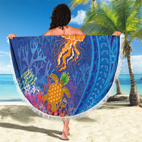 Hawaiian Funny Fruits Sea Animals Beach Blanket Mango Reef Triggerfish and Pineapple Turtle and Mandarin Jellyfish