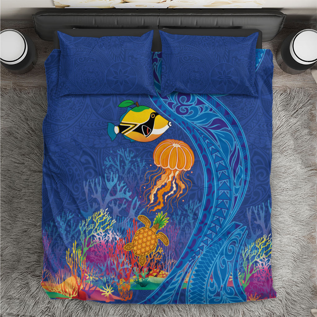 Hawaiian Funny Fruits Sea Animals Bedding Set Mango Reef Triggerfish and Pineapple Turtle and Mandarin Jellyfish