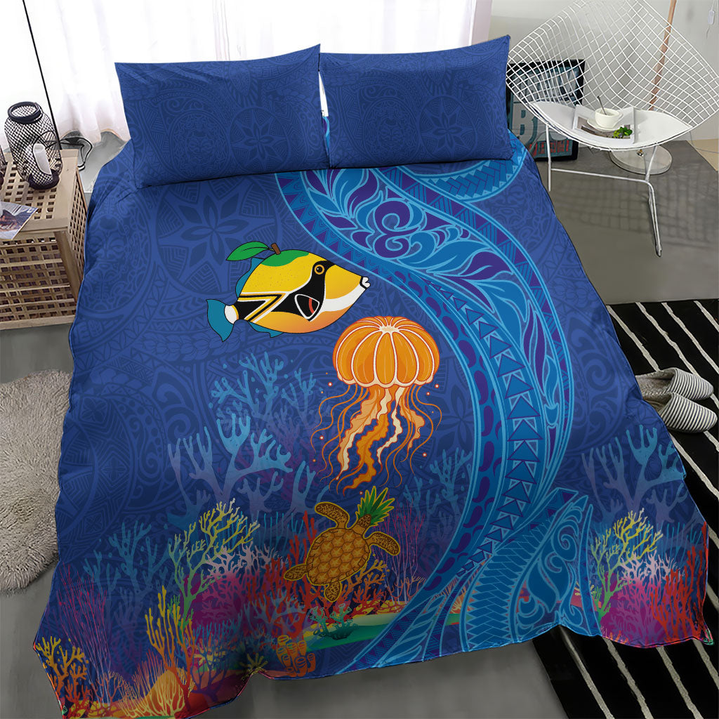 Hawaiian Funny Fruits Sea Animals Bedding Set Mango Reef Triggerfish and Pineapple Turtle and Mandarin Jellyfish