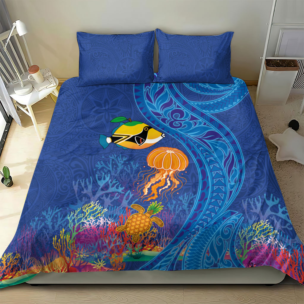 Hawaiian Funny Fruits Sea Animals Bedding Set Mango Reef Triggerfish and Pineapple Turtle and Mandarin Jellyfish