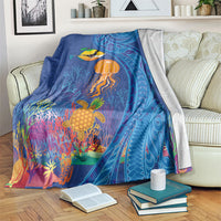 Hawaiian Funny Fruits Sea Animals Blanket Mango Reef Triggerfish and Pineapple Turtle and Mandarin Jellyfish