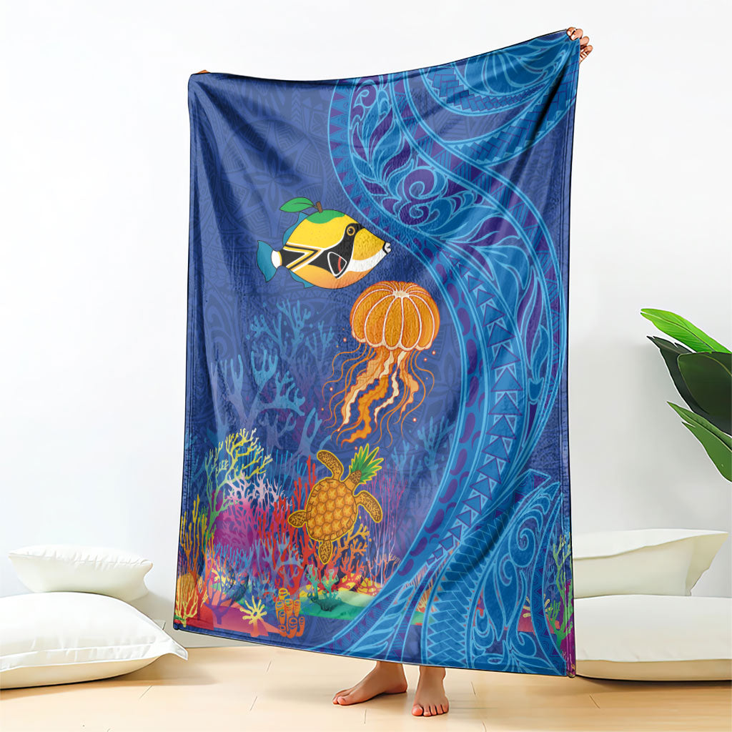 Hawaiian Funny Fruits Sea Animals Blanket Mango Reef Triggerfish and Pineapple Turtle and Mandarin Jellyfish