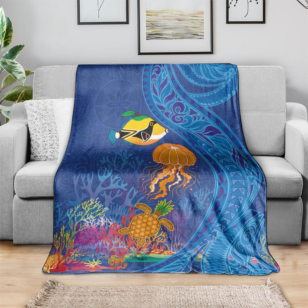 Hawaiian Funny Fruits Sea Animals Blanket Mango Reef Triggerfish and Pineapple Turtle and Mandarin Jellyfish
