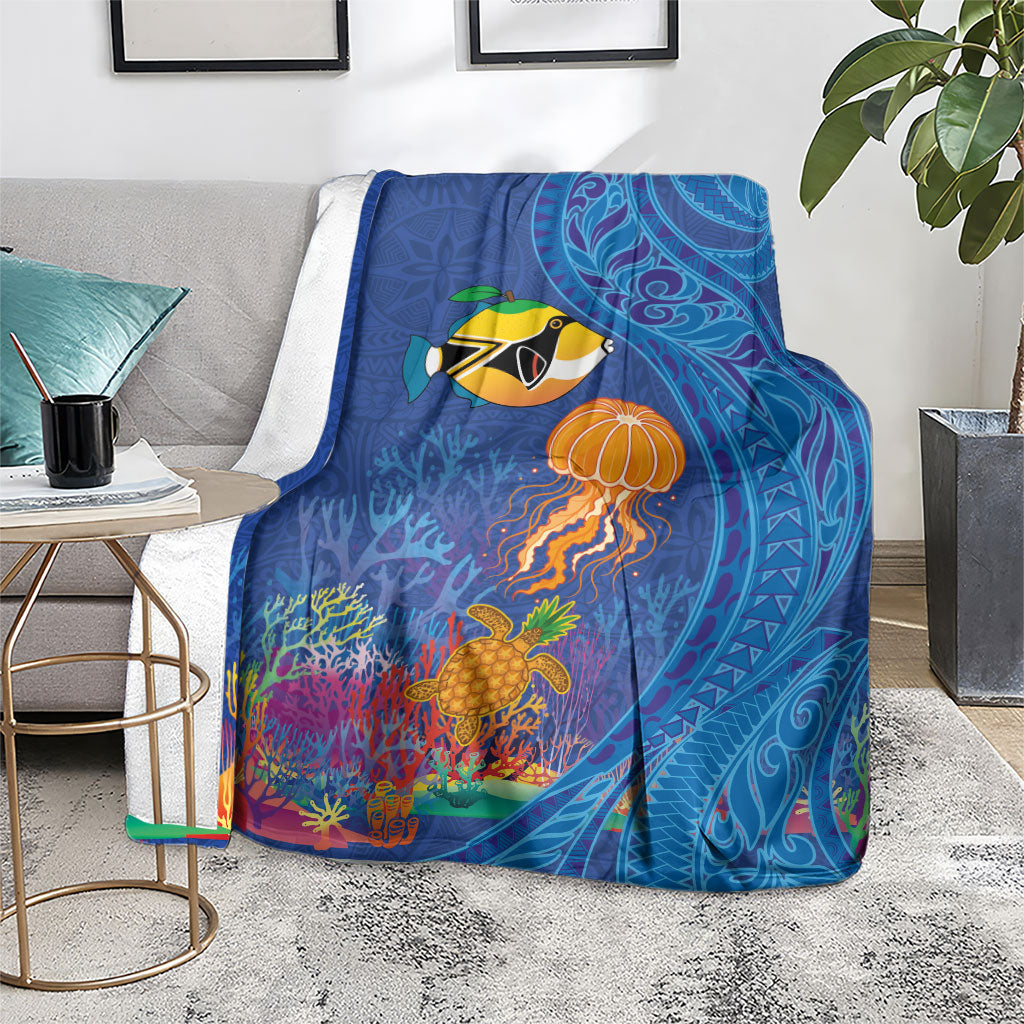 Hawaiian Funny Fruits Sea Animals Blanket Mango Reef Triggerfish and Pineapple Turtle and Mandarin Jellyfish
