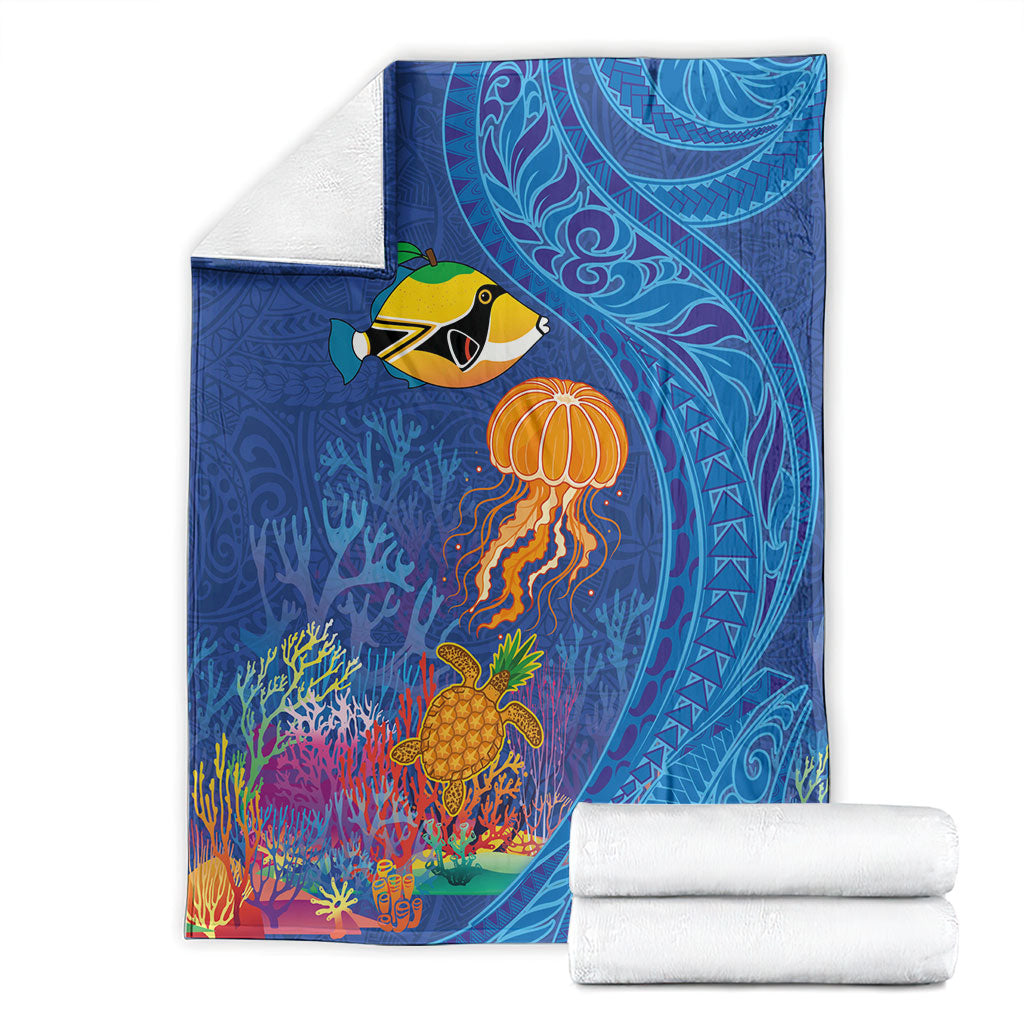 Hawaiian Funny Fruits Sea Animals Blanket Mango Reef Triggerfish and Pineapple Turtle and Mandarin Jellyfish