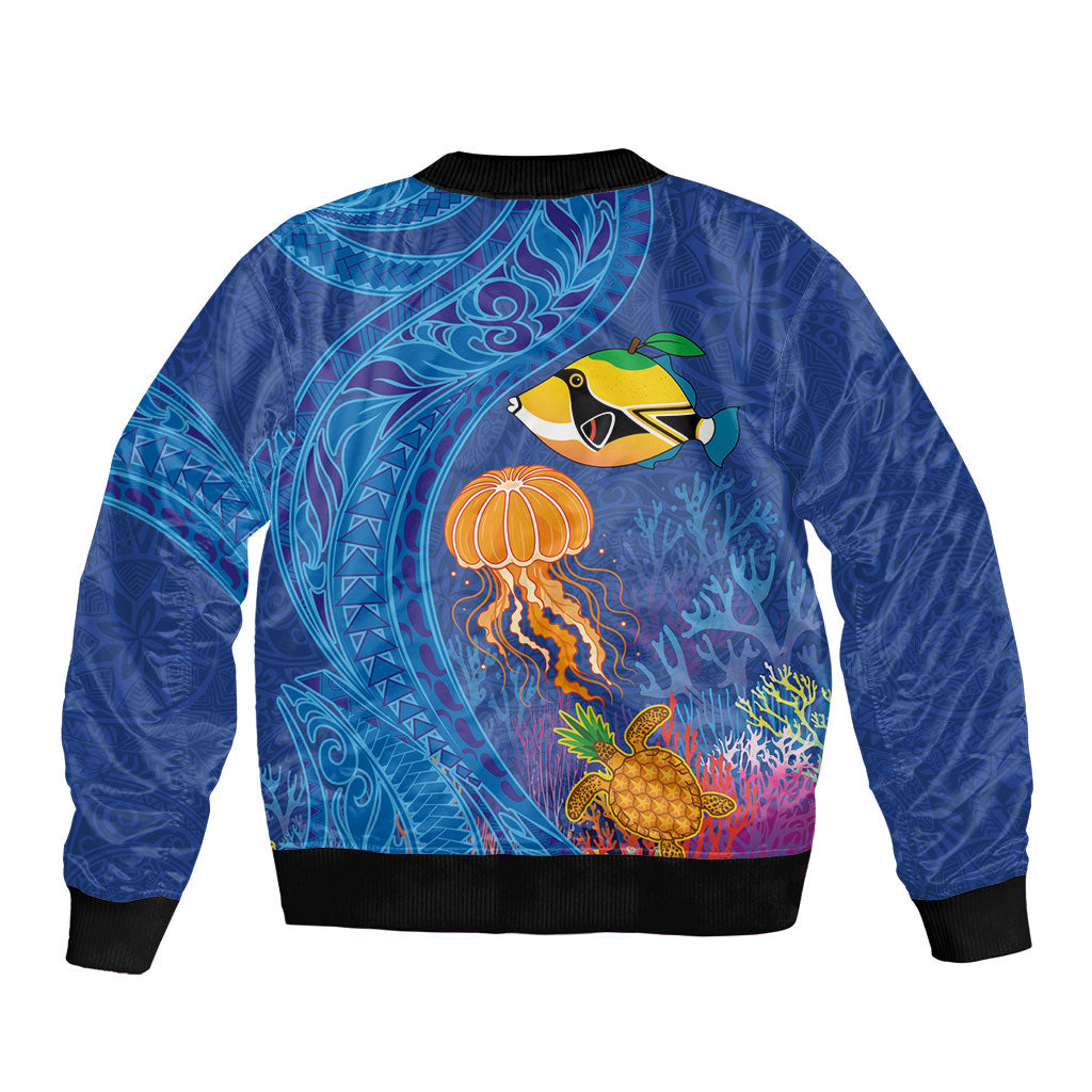 Hawaiian Funny Fruits Sea Animals Bomber Jacket Mango Reef Triggerfish and Pineapple Turtle and Mandarin Jellyfish