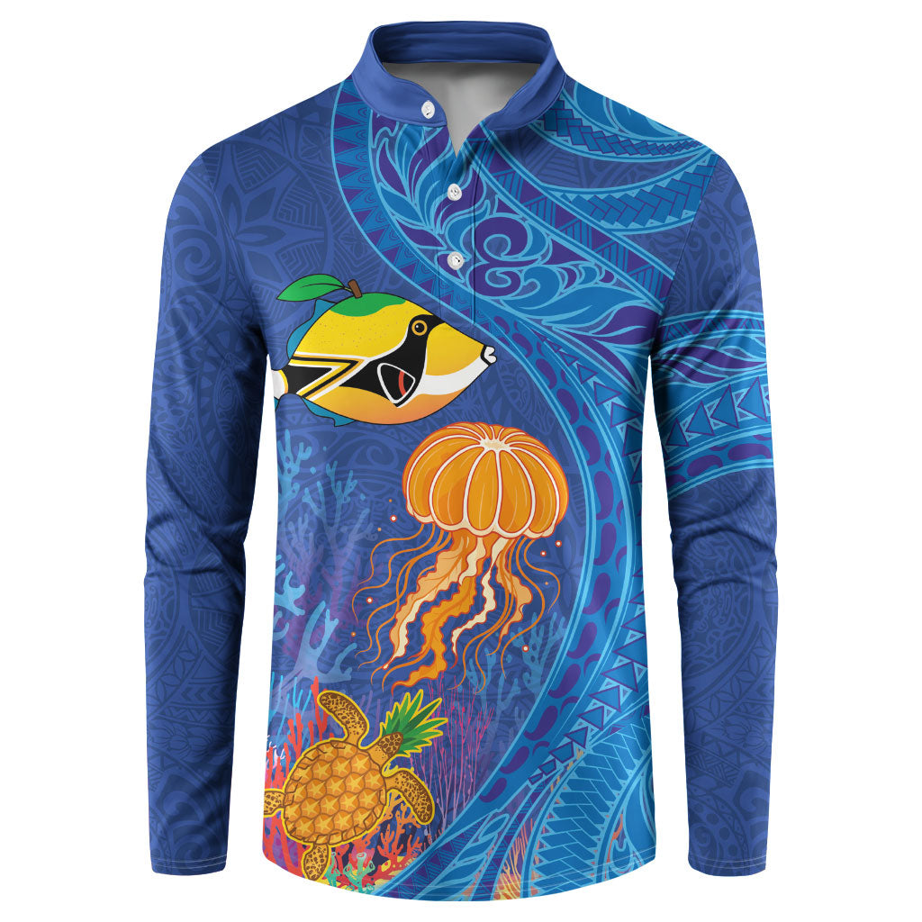 Hawaiian Funny Fruits Sea Animals Button Sweatshirt Mango Reef Triggerfish and Pineapple Turtle and Mandarin Jellyfish