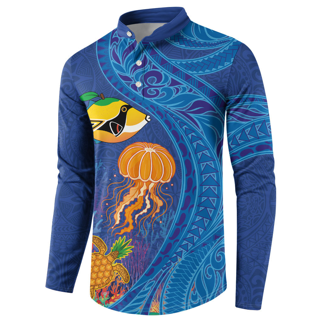Hawaiian Funny Fruits Sea Animals Button Sweatshirt Mango Reef Triggerfish and Pineapple Turtle and Mandarin Jellyfish