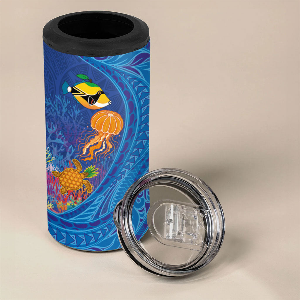 Hawaiian Funny Fruits Sea Animals 4 in 1 Can Cooler Tumbler Mango Reef Triggerfish and Pineapple Turtle and Mandarin Jellyfish