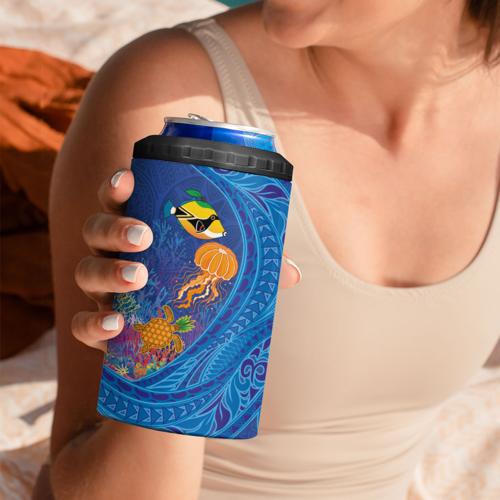 Hawaiian Funny Fruits Sea Animals 4 in 1 Can Cooler Tumbler Mango Reef Triggerfish and Pineapple Turtle and Mandarin Jellyfish