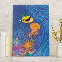 Hawaiian Funny Fruits Sea Animals Canvas Wall Art Mango Reef Triggerfish and Pineapple Turtle and Mandarin Jellyfish