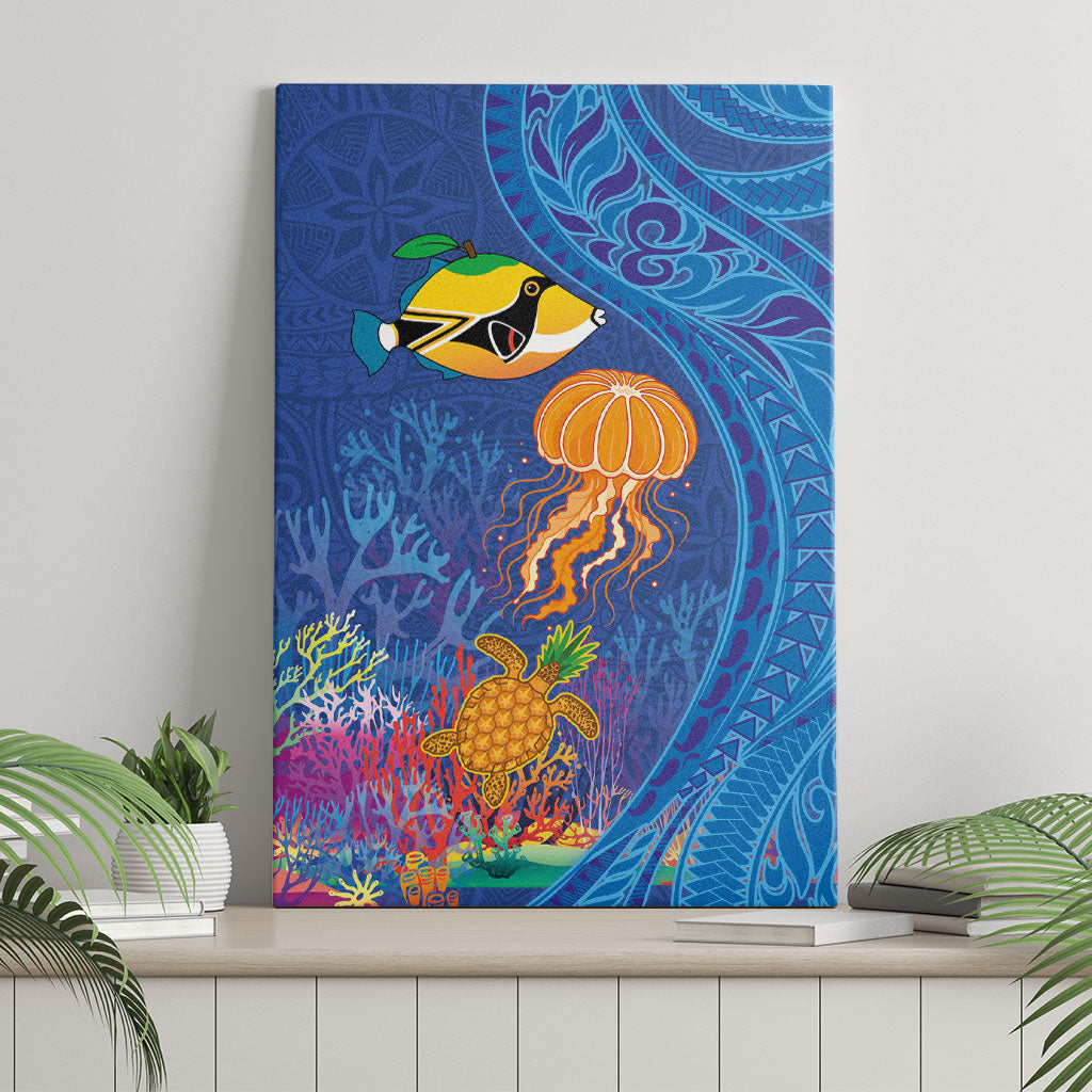 Hawaiian Funny Fruits Sea Animals Canvas Wall Art Mango Reef Triggerfish and Pineapple Turtle and Mandarin Jellyfish