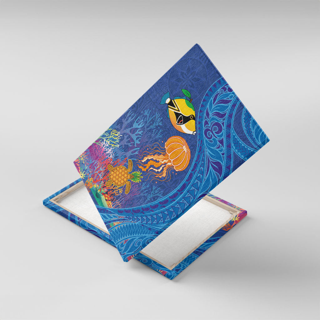 Hawaiian Funny Fruits Sea Animals Canvas Wall Art Mango Reef Triggerfish and Pineapple Turtle and Mandarin Jellyfish