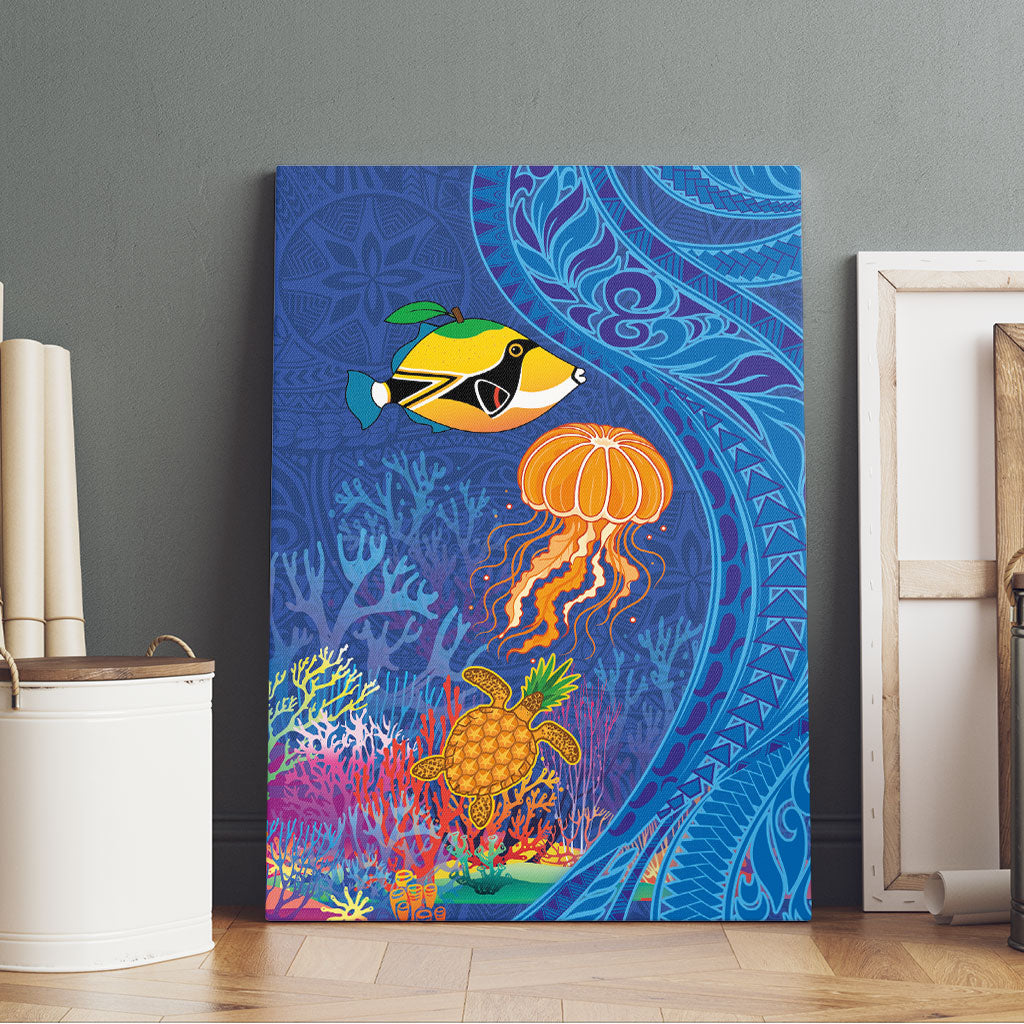 Hawaiian Funny Fruits Sea Animals Canvas Wall Art Mango Reef Triggerfish and Pineapple Turtle and Mandarin Jellyfish