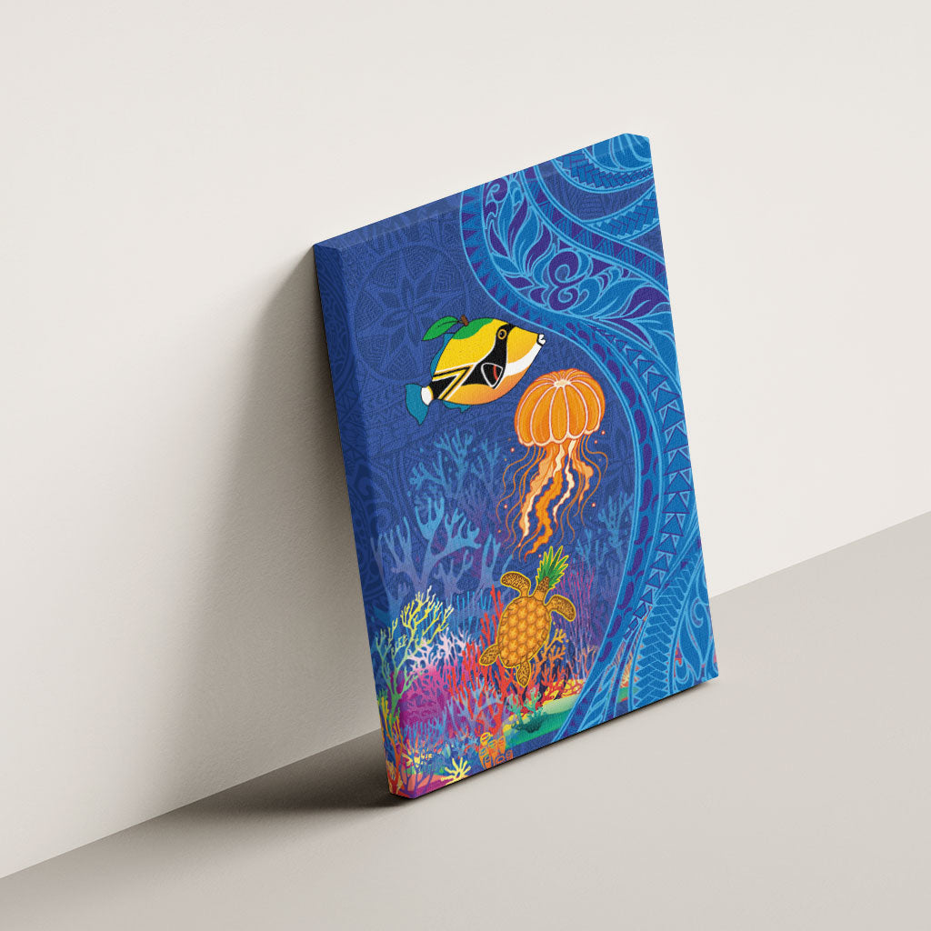 Hawaiian Funny Fruits Sea Animals Canvas Wall Art Mango Reef Triggerfish and Pineapple Turtle and Mandarin Jellyfish