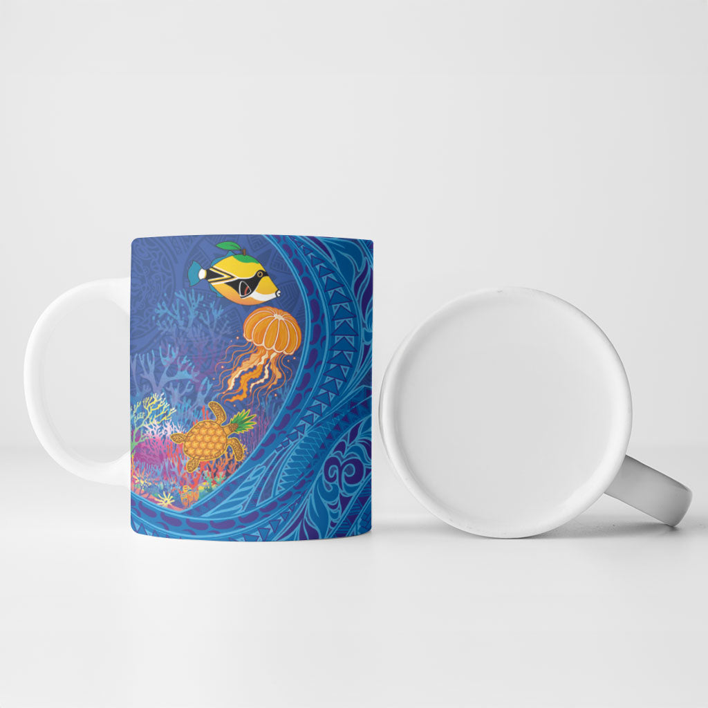 Hawaiian Funny Fruits Sea Animals Ceramic Mug Mango Reef Triggerfish and Pineapple Turtle and Mandarin Jellyfish
