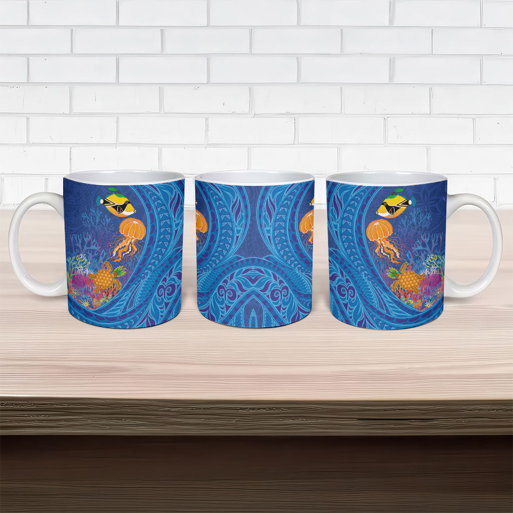 Hawaiian Funny Fruits Sea Animals Ceramic Mug Mango Reef Triggerfish and Pineapple Turtle and Mandarin Jellyfish