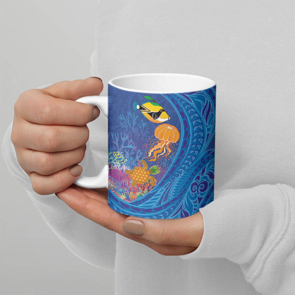 Hawaiian Funny Fruits Sea Animals Ceramic Mug Mango Reef Triggerfish and Pineapple Turtle and Mandarin Jellyfish