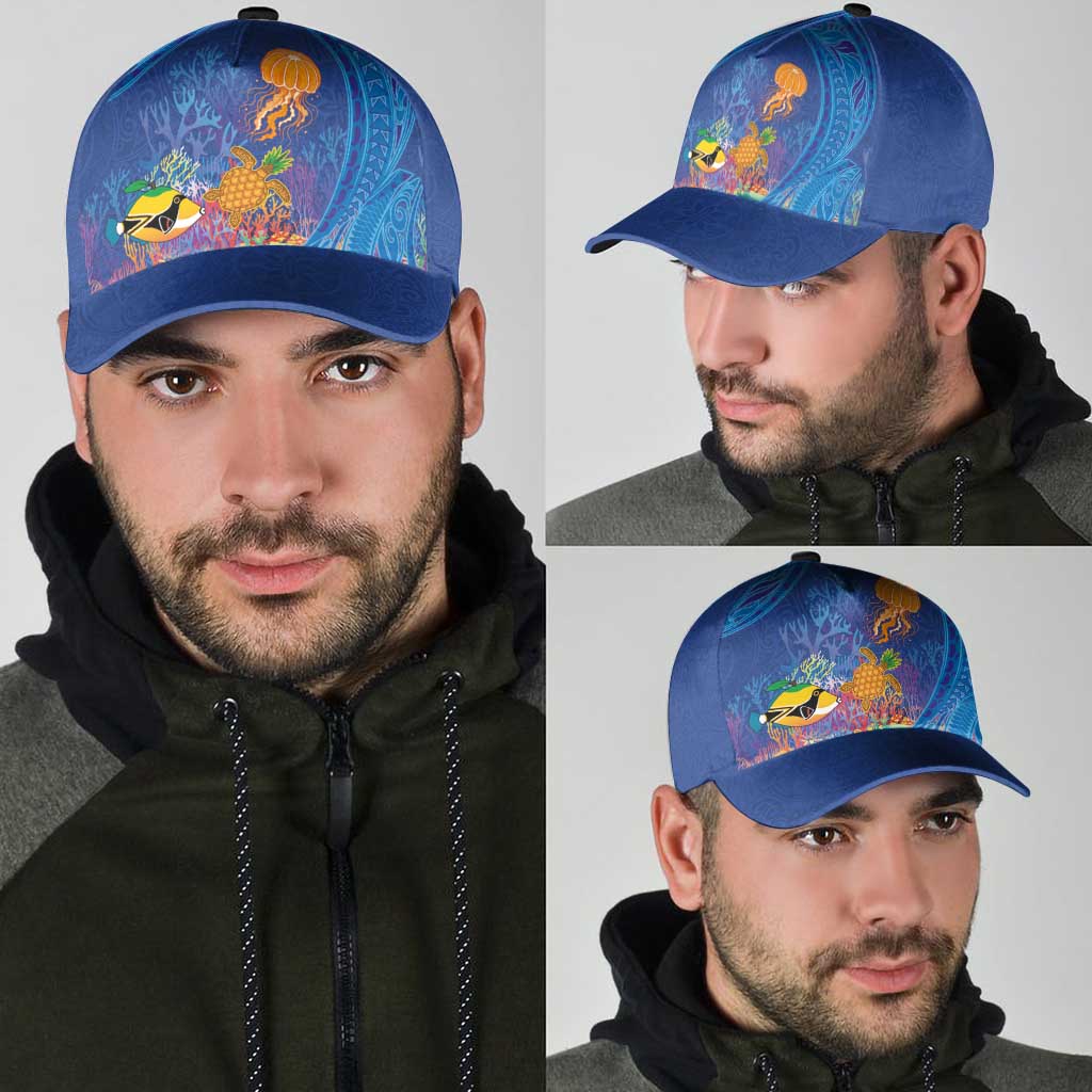 Hawaiian Funny Fruits Sea Animals Classic Cap Mango Reef Triggerfish and Pineapple Turtle and Mandarin Jellyfish
