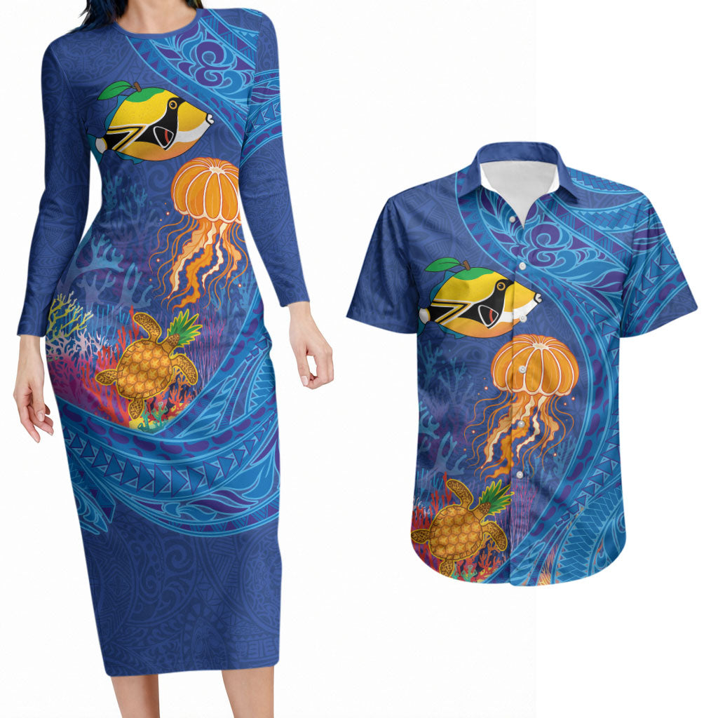 Hawaiian Funny Fruits Sea Animals Couples Matching Long Sleeve Bodycon Dress and Hawaiian Shirt Mango Reef Triggerfish and Pineapple Turtle and Mandarin Jellyfish