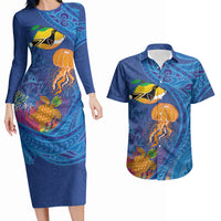 Hawaiian Funny Fruits Sea Animals Couples Matching Long Sleeve Bodycon Dress and Hawaiian Shirt Mango Reef Triggerfish and Pineapple Turtle and Mandarin Jellyfish