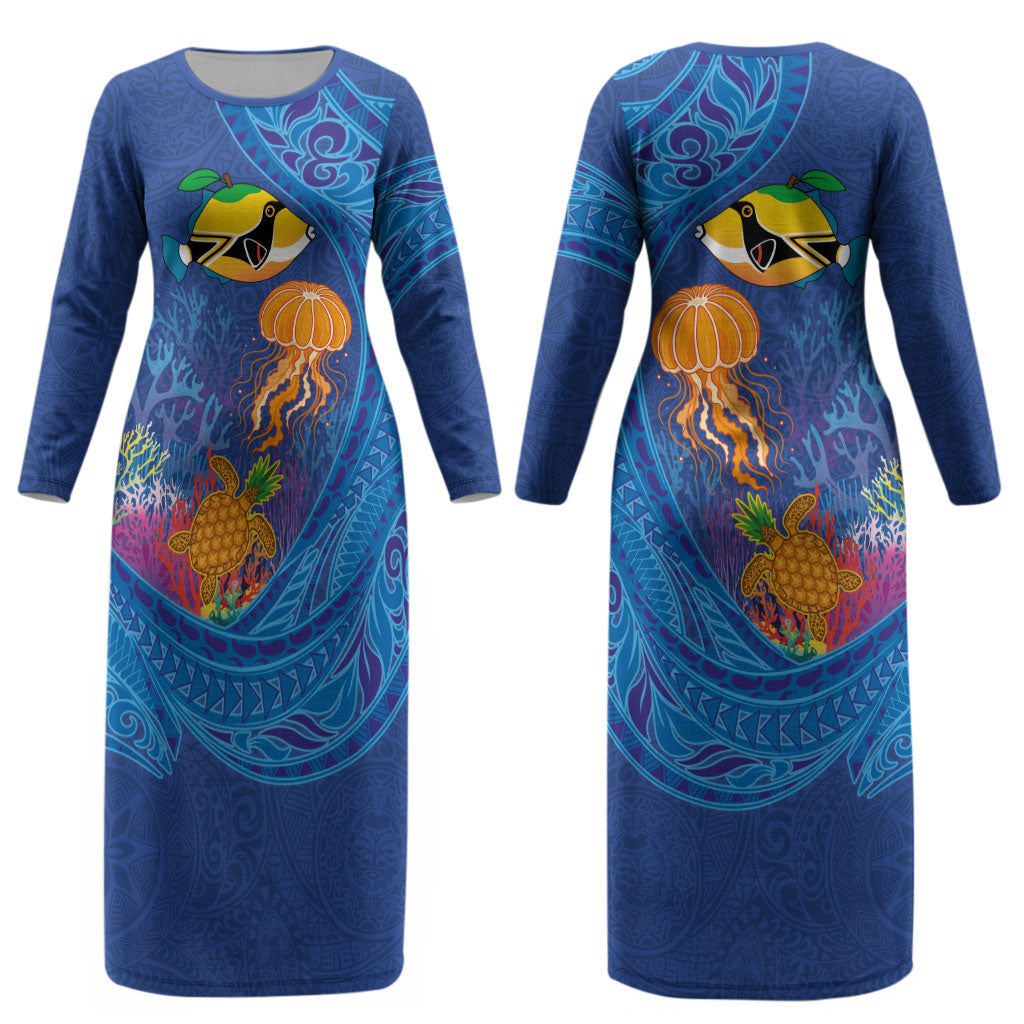 Hawaiian Funny Fruits Sea Animals Couples Matching Long Sleeve Bodycon Dress and Hawaiian Shirt Mango Reef Triggerfish and Pineapple Turtle and Mandarin Jellyfish