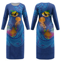 Hawaiian Funny Fruits Sea Animals Couples Matching Long Sleeve Bodycon Dress and Hawaiian Shirt Mango Reef Triggerfish and Pineapple Turtle and Mandarin Jellyfish