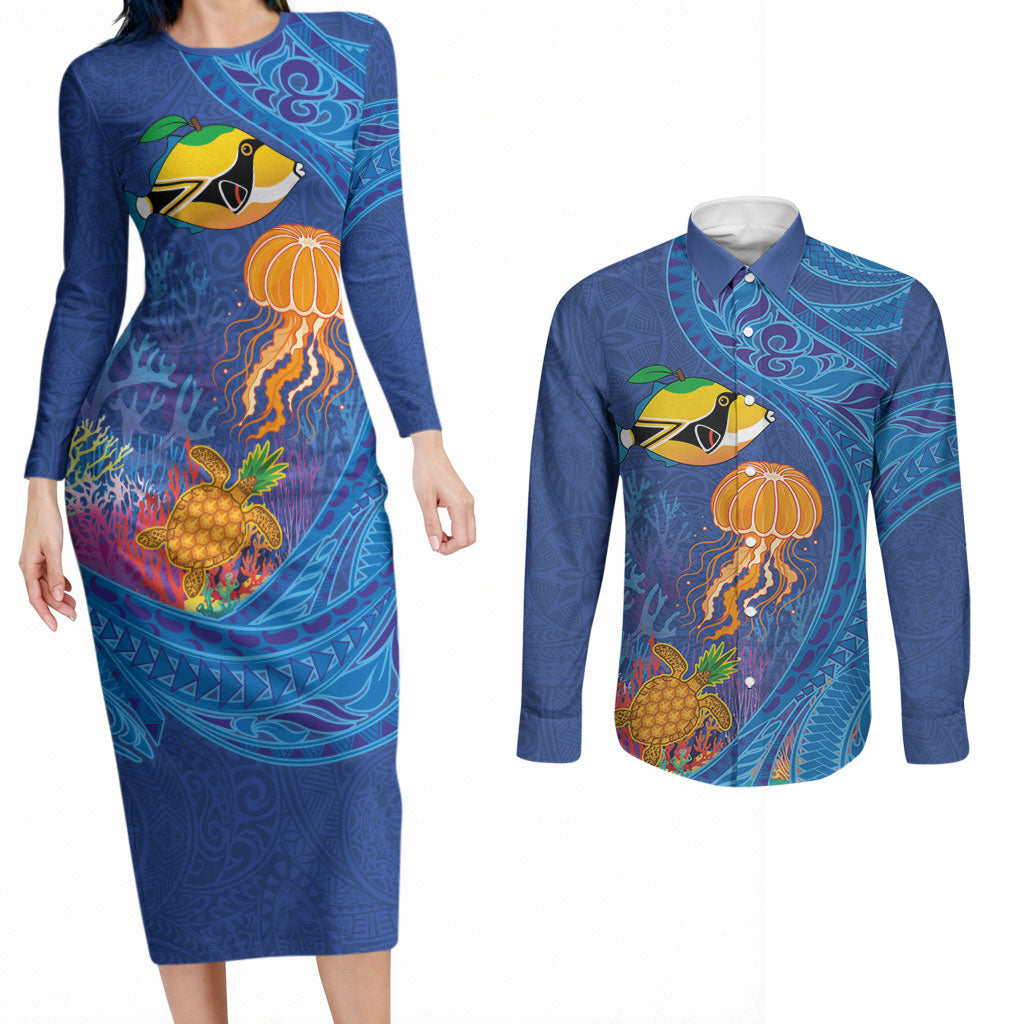 Hawaiian Funny Fruits Sea Animals Couples Matching Long Sleeve Bodycon Dress and Long Sleeve Button Shirt Mango Reef Triggerfish and Pineapple Turtle and Mandarin Jellyfish LT03 Blue - Polynesian Pride