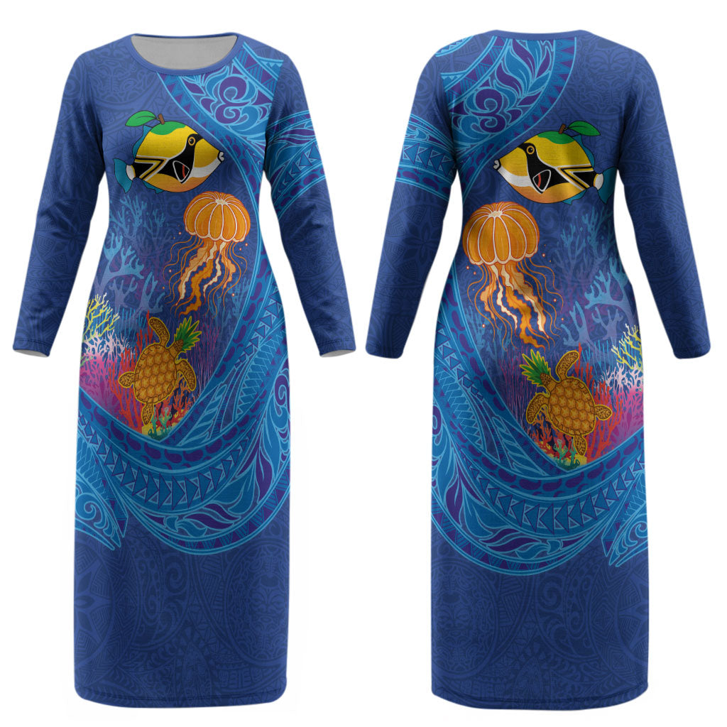 Hawaiian Funny Fruits Sea Animals Couples Matching Long Sleeve Bodycon Dress and Long Sleeve Button Shirt Mango Reef Triggerfish and Pineapple Turtle and Mandarin Jellyfish